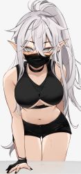 Rule 34 | 1girl, absurdres, arm behind back, arm support, black choker, black shirt, black shorts, blush, breasts, choker, commentary request, crop top, ear piercing, earrings, elf, elfboiii, grey eyes, grey hair, hair between eyes, highres, jewelry, large breasts, leaning forward, long hair, looking at viewer, mole, mole on stomach, mole on thigh, mole under eye, mouth hold, navel, necklace, original, piercing, pointy ears, ponytail, shirt, short shorts, shorts, simple background, solo, standing, sweat, thigh gap, very long hair, white background