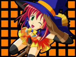 Rule 34 | 1girl, ;d, alice wishheart, bare shoulders, black gloves, black thighhighs, bow, bowtie, brooch, dress, ebihara kyousuke, elbow gloves, from above, gem, gloves, green eyes, hat, jewelry, looking at viewer, magical halloween, one eye closed, open mouth, original, red dress, red hair, smile, solo, thighhighs, witch, witch hat, yellow bow, yellow bowtie, zettai ryouiki