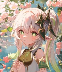 Rule 34 | 1girl, armlet, bare shoulders, blurry, blush, braid, branch, brooch, camunekoz, closed mouth, colored tips, commentary, cross-shaped pupils, crown braid, depth of field, detached sleeves, dress, english commentary, eyelashes, flower, genshin impact, glint, green eyes, green hair, green sleeves, hair ornament, hands up, jewelry, leaf, leaf hair ornament, long hair, looking at viewer, multicolored hair, nahida (genshin impact), pink flower, pointy ears, short sleeves, side ponytail, sidelocks, sleeveless, sleeveless dress, smile, solo, streaked hair, symbol-shaped pupils, two-tone hair, upper body, white hair