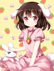 Rule 34 | &gt; &lt;, 1girl, :3, > <, animal ears, brown hair, carrot, carrot necklace, dress, floppy ears, headpat, highres, inaba mob (touhou), inaba tewi, looking at viewer, medium hair, necklace, pink dress, rabbit, rabbit ears, rabbit girl, rabbit tail, red eyes, ribbon-trimmed dress, ruu (tksymkw), sitting, smile, solo, tail, touhou, x3