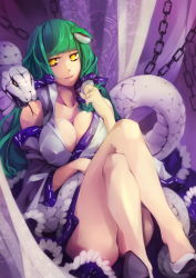 Rule 34 | 1girl, breasts, chain, cleavage, female focus, frills, hair ornament, high heels, highres, japanese clothes, kalalasan, kochiya sanae, large breasts, legs, crossed legs, lips, long hair, looking at viewer, miko, mishaguji, shoes, sitting, smile, snake, solo, touhou, yellow eyes