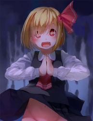 Rule 34 | 1girl, ass, blonde hair, blush, bottomless, bow, dress, hair bow, highres, kanzen bouon, looking at viewer, navel, no panties, open mouth, out-of-frame censoring, own hands together, red eyes, rumia, shirt, short hair, sleeveless, sleeveless dress, solo, touhou, white shirt