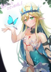 Rule 34 | 1girl, absurdres, antenna hair, blonde hair, blurry, body markings, bug, butterfly, commentary, commission, depth of field, elf, flower, green eyes, headpiece, highres, insect, multicolored hair, original, outdoors, pointy ears, solo, starry hair, two-tone hair, vivi (ac8231), west 24, white flower, wrist flower