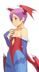 Rule 34 | 1girl, bare shoulders, cleavage cutout, clothing cutout, demon girl, flat chest, go robots, lilith aensland, purple hair, red eyes, short hair, solo, vampire (game), wings