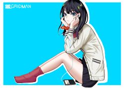 Rule 34 | 1girl, :|, absurdres, akutagawa joo, black hair, black skirt, blue background, bow, bowtie, cardigan, closed mouth, commentary request, copyright name, digital media player, dress shirt, earphones, eyelashes, from side, full body, green eyes, gridman universe, hands on headphones, highres, ipod, legs, long hair, long sleeves, looking at viewer, miniskirt, orange scrunchie, pleated skirt, red bow, red bowtie, red socks, scrunchie, shirt, silhouette, sitting, skirt, socks, solo, ssss.gridman, sweater, takarada rikka, uniform, white cardigan, white shirt, white sweater, wing collar, wrist scrunchie