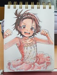 Rule 34 | 1girl, bare shoulders, blush, brown hair, clenched hands, collarbone, dress, figure skating dress, hands up, highres, jewelry, looking at viewer, medalist (manga), moc 0625, necklace, one side up, open mouth, photo (medium), pink dress, pink eyes, short hair, simple background, sleeveless, sleeveless dress, smile, solo, teeth, traditional media, upper body, yuitsuka inori