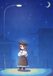 Rule 34 | 1girl, absurdres, blush, book, bow, brown eyes, brown hair, brown necktie, brown skirt, building, cloud, collared shirt, commentary, crescent moon, frilled skirt, frills, hand on own hip, hat, highres, holding, holding book, lamppost, long skirt, long sleeves, medium hair, moon, nama udon, necktie, night, night sky, open book, outdoors, plaid, plaid skirt, road, shirt, shirt tucked in, shoes, short hair, skirt, sky, solo, standing, star (sky), tie clip, touhou, usami renko, white bow, white shirt