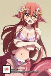 Rule 34 | 1girl, bare shoulders, blush, bow, bra, breasts, brown eyes, cleavage, collarbone, crossed arms, fang, hair ornament, hairclip, highres, lamia, large breasts, long hair, looking at viewer, lucyfer, miia (monster musume), monster girl, monster musume no iru nichijou, navel, open mouth, panties, patreon logo, patreon username, pink bra, pink panties, pointy ears, red bow, red hair, scales, shiny skin, simple background, slit pupils, solo, underwear, yellow eyes