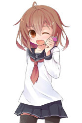 Rule 34 | 10s, 1girl, ;d, black thighhighs, blush, brown eyes, brown hair, condom, fang, ikazuchi (kancolle), kantai collection, one eye closed, open mouth, personification, pleated skirt, school uniform, serafuku, shamo (koumakantv), skirt, smile, solo, thighhighs