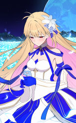 Rule 34 | 1girl, absurdres, archetype earth, arcueid brunestud, bare shoulders, blonde hair, blue gloves, blue skirt, blush, breasts, cleavage, detached collar, detached sleeves, dress, fate/grand order, fate (series), field, flower, flower field, full moon, gloves, highres, large breasts, layered skirt, long hair, long skirt, moon, night, night sky, red eyes, skirt, sky, smile, solo, tsukihime, uriuriyukitti, very long hair, white dress