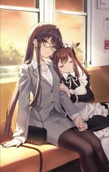 Rule 34 | 2girls, apron, bag, black nails, blush, closed eyes, collarbone, ear piercing, frilled apron, frills, glasses, handbag, highres, holding hands, interlocked fingers, leaning on person, leaning to the side, long hair, looking at viewer, maid, maid headdress, multiple girls, nail polish, office lady, original, pantyhose, piercing, rosuuri, sitting, skirt, sleeping, sleeping on person, straight hair, train, train interior, very long hair, window, yuri
