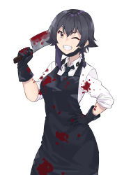 Rule 34 | 1girl, anzio school uniform, apron, black apron, black gloves, black hair, black necktie, blood, blood on clothes, bloody knife, braid, brown eyes, commentary, dress shirt, girls und panzer, gloves, grin, hair tie, hand on own hip, highres, holding, holding knife, kimi tsuru, knife, long sleeves, looking at viewer, cleaver, necktie, one eye closed, pepperoni (girls und panzer), school uniform, shirt, short hair, side braid, simple background, sleeves rolled up, smile, solo, standing, white background, white shirt, wing collar