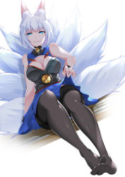 Rule 34 | 1girl, absurdres, adapted costume, animal ear fluff, animal ears, azur lane, backlighting, black pantyhose, blue eyes, blush, breasts, cleavage, cleavage cutout, clothes lift, clothing cutout, feet together, fox ears, fox tail, full body, head tilt, high collar, highres, japanese clothes, kaga (azur lane), large breasts, lifted by self, looking at viewer, masabodo, mask, multiple tails, no shoes, pantyhose, parted lips, short hair, simple background, skirt, skirt lift, smile, solo, tail, thighband pantyhose, white background, white hair