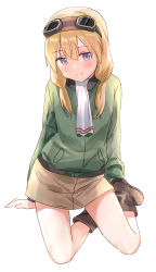 Rule 34 | 1girl, blonde hair, blush, brown footwear, brown skirt, carla j. luksic, goggles, goggles on head, green jacket, hair between eyes, highres, jacket, medium hair, mejina, noble witches, purple eyes, scarf, sidelocks, skirt, smile, solo, white background, white scarf, world witches series