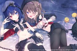 Rule 34 | 2girls, ;d, animal, azur lane, bandaged wrist, bandages, bare shoulders, beret, bird, black capelet, black footwear, black headwear, black necktie, black pantyhose, black sailor collar, black skirt, black sleeves, black thighhighs, blue eyes, blue hair, boots, bow, breasts, brown hair, capelet, chain, chick, closed mouth, commentary request, cross, detached sleeves, explosive, feet out of frame, frilled capelet, frilled necktie, frilled skirt, frills, gloves, grey headwear, grey shirt, hair bow, hand up, hat, heterochromia, hoshi (snacherubi), iron cross, long sleeves, looking at viewer, lying, manjuu (azur lane), medium breasts, mine (weapon), multiple girls, naval mine, navel, necktie, official art, on side, one eye closed, one side up, open mouth, pantyhose, pink bow, pleated skirt, red hair, sailor collar, shallow water, shirt, sideboob, skirt, smile, thighhighs, water, white gloves, z35 (azur lane), z36 (azur lane)