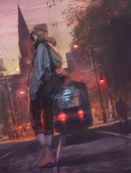 Rule 34 | 1girl, backpack, bag, beanie, black pants, blonde hair, cityscape, cloud, cloudy sky, denim, dutch angle, full body, hat, highres, hood, hooded jacket, jacket, jeans, jian huang, lamppost, light trail, looking at viewer, looking down, original, outdoors, pants, pants rolled up, power lines, road, scarf, sky, solo, standing, street, sunset, train, tree, twilight