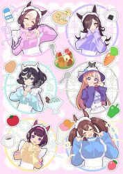 +_+ 6+girls ^_^ akikawa_yayoi_(umamusume) animal animal_ears animal_on_head ascot bell_pepper black_hair blue_ascot blue_eyes bottle carrot cat cat_on_head chopsticks closed_eyes food fork fruit hair_between_eyes hair_over_one_eye hairband hat heart heart_hands highres hishi_akebono_(umamusume) holding holding_chopsticks horse_ears horse_girl ice_cream jacket katsuragi_ace_(umamusume) long_hair maid_headdress milk_bottle multicolored_hair multiple_girls nishino_flower_(umamusume) on_head onigiri orange_hair pepper pink_hairband pizza potato purple_eyes rice_shower_(umamusume) short_hair special_week_(umamusume) spoon strawberry streaked_hair sun_hat tomato track_jacket twintails two-tone_hair umamusume upper_body white_hair yada_kamo