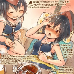 Rule 34 | 10s, 2girls, ^ ^, closed eyes, commentary request, cup, dated, drinking glass, i-13 (kancolle), i-14 (kancolle), kantai collection, kirisawa juuzou, mug, multiple girls, one-piece swimsuit, rice, siblings, sisters, smile, swimsuit, translation request
