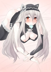 Rule 34 | 1girl, animal hood, aria (omega quintet), ass, bare shoulders, bed sheet, black dress, blush, breasts, cat hood, cleavage, condom, condom in mouth, condom wrapper, curvy, downblouse, dress, grey hair, hair between eyes, highres, hood, long hair, looking at viewer, lying, medium breasts, mouth hold, nipples, no bra, omega quintet, on stomach, red eyes, simple background, skull and crossbones, solo, thighhighs, thighs, tridisart