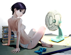 Rule 34 | 1girl, arm support, bare legs, barefoot, bikini, black hair, breasts, brown eyes, closed mouth, crossed legs, electric fan, feet, from side, full body, hair between eyes, highres, inamitsu shinji, knees up, leaning back, lips, looking at viewer, looking to the side, medium breasts, on floor, original, paid reward available, paid reward available, shadow, short hair, side-tie bikini bottom, sitting, soles, solo, swimsuit, toes, white bikini