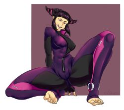 Rule 34 | 1girl, artist name, bodysuit, breasts, casroder, feet, female focus, full body, hair ornament, han juri, highres, large breasts, looking down, open mouth, purple eyes, purple hair, signature, simple background, smile, solo, squatting, street fighter, teeth, text focus, toeless legwear, toes, tongue, two-tone background, zipper, zipper pull tab