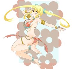 Rule 34 | 1girl, anklet, armband, ass, barefoot, bikini, blonde hair, blush, bracelet, breasts, brown eyes, butt crack, cleavage, dancing, earrings, fairy tail, feet, floral print, full body, highres, jewelry, large breasts, looking at viewer, lucy heartfilia, ring, salute, sideboob, sidelocks, smile, soles, solo, swimsuit, toes, twintails, viperxtr