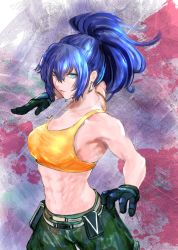 Rule 34 | 1girl, abs, ammunition pouch, armlet, bare arms, bare shoulders, belt, biceps, blue eyes, blue hair, breasts, camouflage, camouflage pants, earrings, gloves, highres, jewelry, leona heidern, looking at viewer, midriff, muscular, muscular female, pants, ponytail, pouch, sleeveless, solo, standing, tank top, the king of fighters, the king of fighters xiv, the king of fighters xv, triangle earrings, uniform, yellow tank top, yuu (primenumber7)