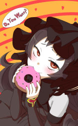 Rule 34 | 10s, 1girl, abyssal ship, bad id, black hair, brown hair, colored skin, detached sleeves, doughnut, eating, engiyoshi, english text, engrish text, food, from above, gothic lolita, hairband, holding, isolated island oni, kantai collection, lolita fashion, lolita hairband, long hair, looking at viewer, ranguage, smile, solo, white skin