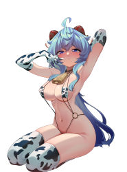Rule 34 | 1girl, absurdres, ahoge, animal ears, animal print, arm behind head, armpits, arms up, bell, blue hair, breasts, closed mouth, commentary, cow ears, cow print, cowbell, doufu (pixiv9093484), elbow gloves, ganyu (genshin impact), genshin impact, gloves, goat horns, hair between eyes, highres, horns, large breasts, long hair, looking at viewer, navel, o-ring, raised eyebrows, seiza, simple background, sitting, skindentation, slingshot swimsuit, solo, swimsuit, thighhighs, thighs, white background