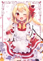 Rule 34 | 1girl, ;d, apron, black footwear, blonde hair, bow, bowtie, chisiro unya (unya draw), commentary request, crystal, fang, flandre scarlet, hair ribbon, heart, looking at viewer, medium hair, one eye closed, one side up, open mouth, red eyes, red nails, red ribbon, ribbon, short sleeves, signature, smile, socks, solo, touhou, twitter username, white apron, white background, white socks, wrist cuffs, yellow bow, yellow bowtie