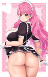 Rule 34 | 1girl, absurdres, aizono manami, ass, blush, breasts, clothes lift, from behind, gloves, headdress, highres, huge ass, large breasts, long hair, looking at viewer, maid, maid headdress, nijisanji, orange eyes, otohukebonne, pink hair, shiny skin, sideboob, skirt, skirt hold, skirt lift, smile, solo, thick thighs, thighs, thong, very long hair, virtual youtuber