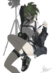 Rule 34 | 1girl, :/, absurdres, adapted costume, arm up, bandaid, bandaid on hand, black choker, black footwear, black jacket, black shorts, black socks, brand name imitation, camera, canon (company), chest strap, choker, closed mouth, commentary, contemporary, cross-laced footwear, dated, ear piercing, foot out of frame, genshin impact, green hair, hair between eyes, hair ornament, hairclip, high tops, highres, jacket, knee up, kuki shinobu, kunai, long sleeves, looking at viewer, mask, mask pull, medium hair, mouth mask, multicolored footwear, nail polish, open clothes, open jacket, piercing, purple eyes, purple nails, qtian, shirt, shoes, shorts, signature, sneakers, socks, solo, stage lights, t-shirt, thigh strap, weapon, white background, white footwear, white shirt