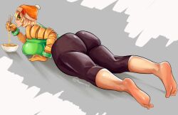 Rule 34 | 1girl, absurdres, armor, arms (game), ass, barefoot, beanie, blonde hair, breast press, breasts, capri pants, chopsticks, domino mask, food, full body, green eyes, green nails, hat, highres, huge ass, large breasts, looking back, lying, mask, min min (arms), nail polish, nintendo, noodles, on stomach, open mouth, pants, pepperoni-ravioli, ramen, short hair, solo, tight clothes, tight pants, toenail polish, toenails