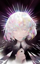 Rule 34 | 1other, black necktie, closed mouth, collar, colored eyelashes, commentary request, dark background, diamond (houseki no kuni), gem uniform (houseki no kuni), highres, houseki no kuni, lips, looking at viewer, multicolored hair, necktie, own hands together, pale skin, rsef, short hair, silver hair, simple background, solo, upper body, white eyes
