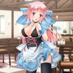 Rule 34 | 1girl, :o, apron, black bra, black thighhighs, blurry, blurry background, blush, bow, bra, braid, breasts, cafe, checkered floor, collar, corset, covered erect nipples, crown braid, elf, eyes visible through hair, french braid, frilled apron, frills, game cg, hair bow, highres, indoors, kanna hisashi, large bow, large breasts, long hair, looking at viewer, original, panties, panty peek, pink hair, pink panties, pointy ears, puffy short sleeves, puffy sleeves, red eyes, short sleeves, solo, thighhighs, torn clothes, underwear, waist apron, waitress, wrist cuffs