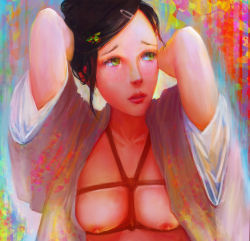 Rule 34 | 1girl, arms up, bdsm, bondage, bound, breasts, ikelag, japanese clothes, kimono, nipples, shibari, small breasts
