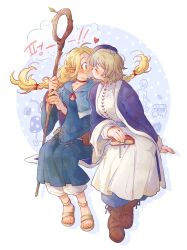 Rule 34 | 2girls, absurdres, arm at side, blonde hair, blue capelet, blue coat, blue robe, blush, book, bookmark, boots, bow, braid, breasts, brown footwear, brown hair, capelet, choker, closed eyes, coat, cross-laced clothes, dungeon meshi, elf, falin touden, falin touden (tallman), full body, fume, green eyes, hair bow, hat, heart, highres, holding, holding staff, kiss, kossi, large breasts, leaf, long hair, long sleeves, marcille donato, multiple braids, multiple girls, mushroom, nervous sweating, pants, pointy ears, polka dot, profile, purple coat, purple headwear, red bow, robe, sandals, short hair, side braid, sitting, smile, staff, surprise kiss, surprised, sweat, twintails, walking mushroom (dungeon meshi), white background, white robe, yuri