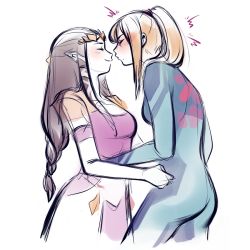Rule 34 | 2girls, artist request, ass, blonde hair, blue bodysuit, blush, bodysuit, braid, breasts, brown hair, closed eyes, couple, dress, elbow gloves, facing another, from side, gloves, hair tie, happy, height difference, high ponytail, imminent kiss, jewelry, long hair, low-tied long hair, medium breasts, metroid, multicolored clothes, multicolored dress, multiple girls, nervous, nintendo, parted lips, pointy ears, ponytail, princess zelda, profile, purple dress, samus aran, shy, smile, standing, the legend of zelda, tiara, white background, white dress, white gloves, yuri, zero suit