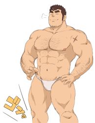 Rule 34 | 1boy, abs, arm hair, bara, blush, breath, bulge, chest hair, cross scar, facial hair, feet out of frame, forked eyebrows, fundoshi, goatee, japanese clothes, takabushi kengo, large pectorals, long sideburns, male focus, male pubic hair, male underwear, mature male, muscular, muscular male, navel, nipples, pectorals, pubic hair, scar, shigetashigezo, short hair, sideburns, smile, solo, stomach, stubble, thick eyebrows, thick thighs, thighs, tokyo houkago summoners, underwear, underwear only, white background, white male underwear