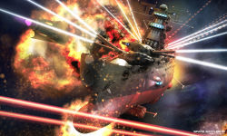 Rule 34 | alien, anchor, battle, character name, commentary, cruiser, damaged, debris, dirty, energy cannon, english commentary, english text, explosion, firing, gamilas, highres, lights, michaellee4, military, military vehicle, no humans, realistic, science fiction, ship, space, spacecraft, star (symbol), starry background, turret, uchuu senkan yamato, uchuu senkan yamato 2199, warship, watercraft, yamato (uchuu senkan yamato)