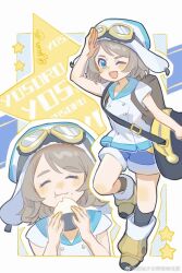Rule 34 | 1girl, backpack, bag, blue eyes, blue shorts, boots, brown hair, chinese commentary, commentary request, eating, food, food in mouth, goggles, goggles on headwear, hat, highres, jacket, love live!, love live! sunshine!!, onigiri, shorts, signature, star (symbol), watanabe you, weibo logo, weibo watermark, white jacket, you (genjitsu no yohane), yun (dl2n5c7kbh8ihcx)