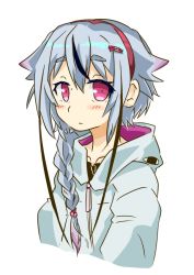 Rule 34 | 1other, blue hair, blue hoodie, blush stickers, braid, commentary, cropped torso, expressionless, eye print, hair flaps, hair ornament, hairband, hairclip, hood, hoodie, long hair, looking at viewer, meika mikoto, multicolored hair, pink eyes, streaked hair, thick eyebrows, upper body, vocaloid, white background, yamainu luna