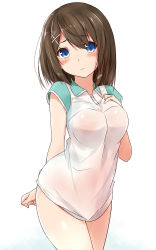 Rule 34 | 10s, 1girl, absurdres, alternate costume, arm behind back, blue eyes, blush, breasts, brown hair, commentary request, gradient background, hair ornament, hairclip, highres, kantai collection, large breasts, looking at viewer, maya (kancolle), no pants, polo shirt, saku (kudrove), see-through, see-through silhouette, short hair, simple background, solo, standing, thighs, white background, x hair ornament