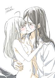 Rule 34 | 1boy, 1girl, absurdres, ahoge, alternate hairstyle, black pants, blush, breasts, brown hair, chili-tomato (gekikaraya), closed eyes, clothed male nude female, collarbone, collared shirt, commentary request, dated, fate (series), gray (fate), grey hair, hand on another&#039;s shoulder, hetero, highres, kiss, long hair, lord el-melloi ii, lord el-melloi ii case files, medium breasts, navel, nipples, nude, on lap, pants, shirt, simple background, sitting, sketch, sweatdrop, translation request, waver velvet, white background, white shirt