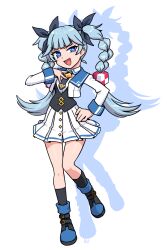 Rule 34 | 1girl, :d, black ribbon, black socks, black vest, blue eyes, blue footwear, blue hair, braid, collared shirt, colored shadow, commission, cropped jacket, dress shirt, drop shadow, full body, hair cuffs, hair ribbon, hand on own hip, hand up, highres, jacket, long sleeves, muu (mumumer), open clothes, open jacket, open mouth, original, pleated skirt, ribbon, shadow, shirt, shoes, simple background, skeb commission, skirt, smile, socks, solo, standing, standing on one leg, twin braids, twintails, uneven eyes, vest, white background, white jacket, white shirt, white skirt