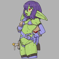 Rule 34 | 1girl, accidental exposure, armor, belt, bikini armor, blood, blue gloves, blush stickers, breasts, cleft of venus, colored skin, cropped legs, elbow gloves, female goblin, gloves, goblin, green skin, grey background, hand on own hip, highres, large ears, lowleg, medium hair, open mouth, original, over shoulder, pointy ears, purple hair, pussy, pussy peek, r-dragon, red eyes, sack, sheath, sheathed, shiny skin, simple background, small breasts, solo, sweat, sword, thighhighs, thighs, wardrobe malfunction, weapon