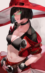 Rule 34 | 1girl, belt, black gloves, black hair, blazpu, breasts, choker, cleavage, collarbone, cropped jacket, fingerless gloves, glasses, gloves, green-tinted eyewear, green-tinted glasses, green eyes, guilty gear, guilty gear strive, hat, highres, i-no, jacket, looking at viewer, medium breasts, mole, mole above mouth, red hat, red jacket, short hair, short sleeves, solo, sunglasses, tinted eyewear, witch hat