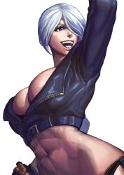 Rule 34 | 1509virgoart, abs, absurdres, angel (kof), blue eyes, bra, breasts, chaps, cropped jacket, fingerless gloves, gloves, hair over one eye, highres, jacket, large breasts, leather, leather jacket, midriff, muscular, muscular female, navel, simple background, snk, solo, stomach, strapless, strapless bra, the king of fighters, the king of fighters xiv, the king of fighters xv, toned, underwear, white background, white hair
