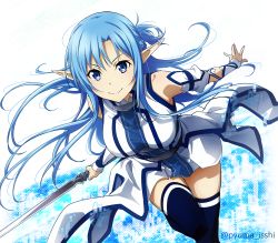 Rule 34 | 1girl, asuna (sao), asuna (sao-alo), bare shoulders, belt, blue background, blue eyes, blue hair, blue thighhighs, blush, breasts, detached sleeves, digital dissolve, elf, highres, isshi pyuma, large breasts, lips, long hair, looking at viewer, pointy ears, skirt, smile, solo, sword, sword art online, thighhighs, twitter username, weapon