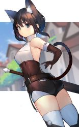 Rule 34 | 1girl, absurdres, animal ear fluff, animal ears, belt, black eyes, black hair, blouse, blurry, cat ears, cat girl, cat tail, depth of field, dutch angle, elbow gloves, extra ears, gloves, hair between eyes, highres, looking at viewer, looking back, original, ryou (ponpgo), shirt, short hair, short shorts, shorts, sleeveless, sleeveless shirt, solo, sword, tail, thighhighs, thighs, weapon